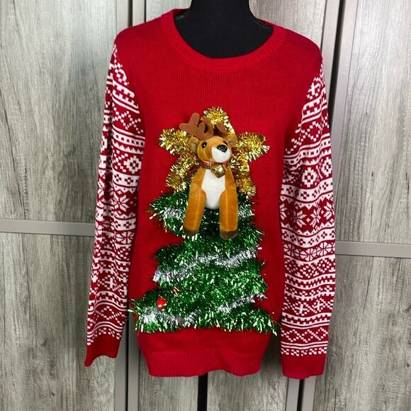 Holiday Time  red reindeer 3D ugly Christmas sweater junior's XL - Picture 1 of 10